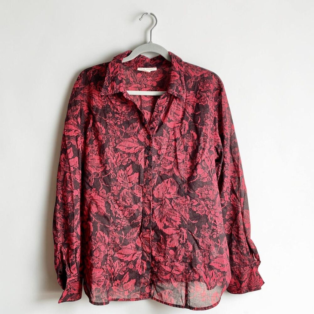Coldwater Creek XL Top Floral Dark Romantic Sheer Cotton Boho Collared Blouse